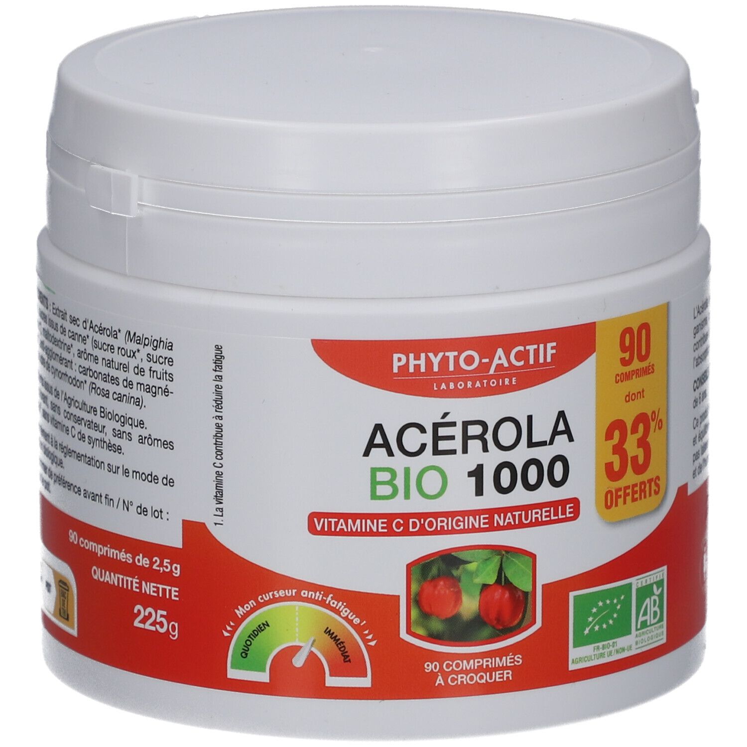 Pot blanc avec étiquette rouge et verte. Inscription: PHYTO-ACTIF Acerola Bio 1000, 90 comprimés, 33% offerts.
