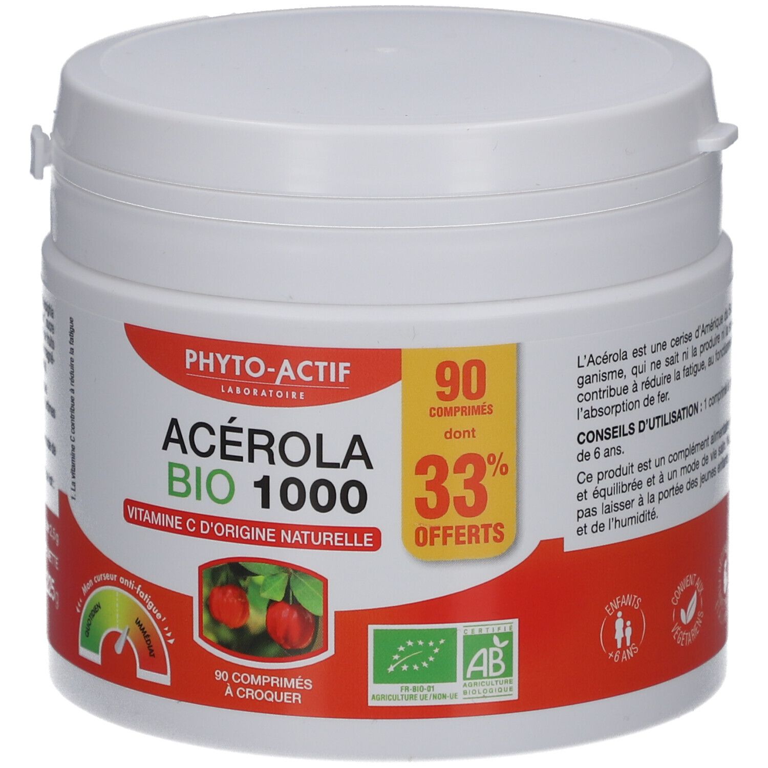 Pot blanc avec étiquette rouge et verte. Inscription: PHYTO-ACTIF Acerola Bio 1000, 90 comprimés, 33% offerts.
