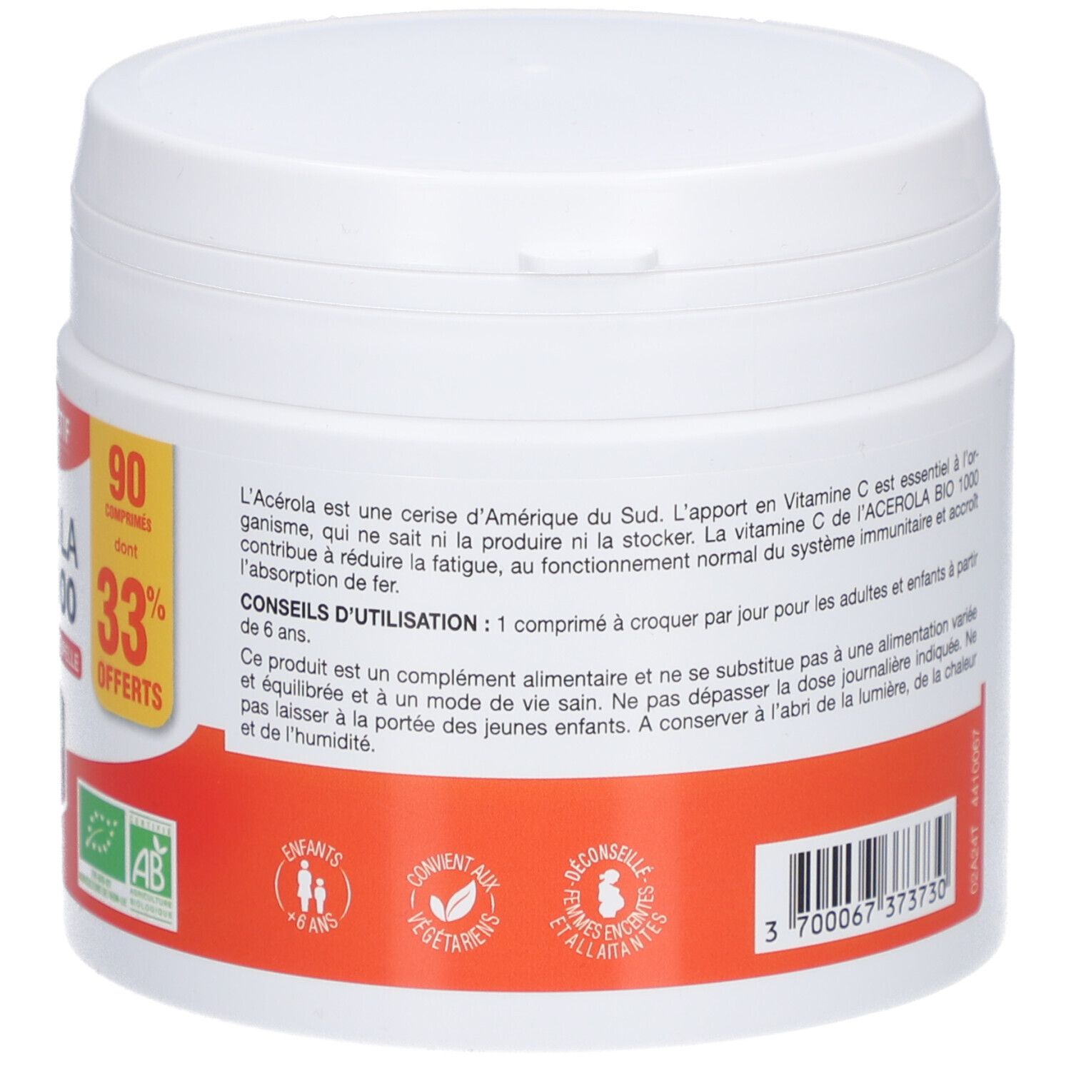 Dos du pot blanc avec étiquette rouge. Texte: Conseils d'utilisation, pour enfants dès 6 ans, code-barres.