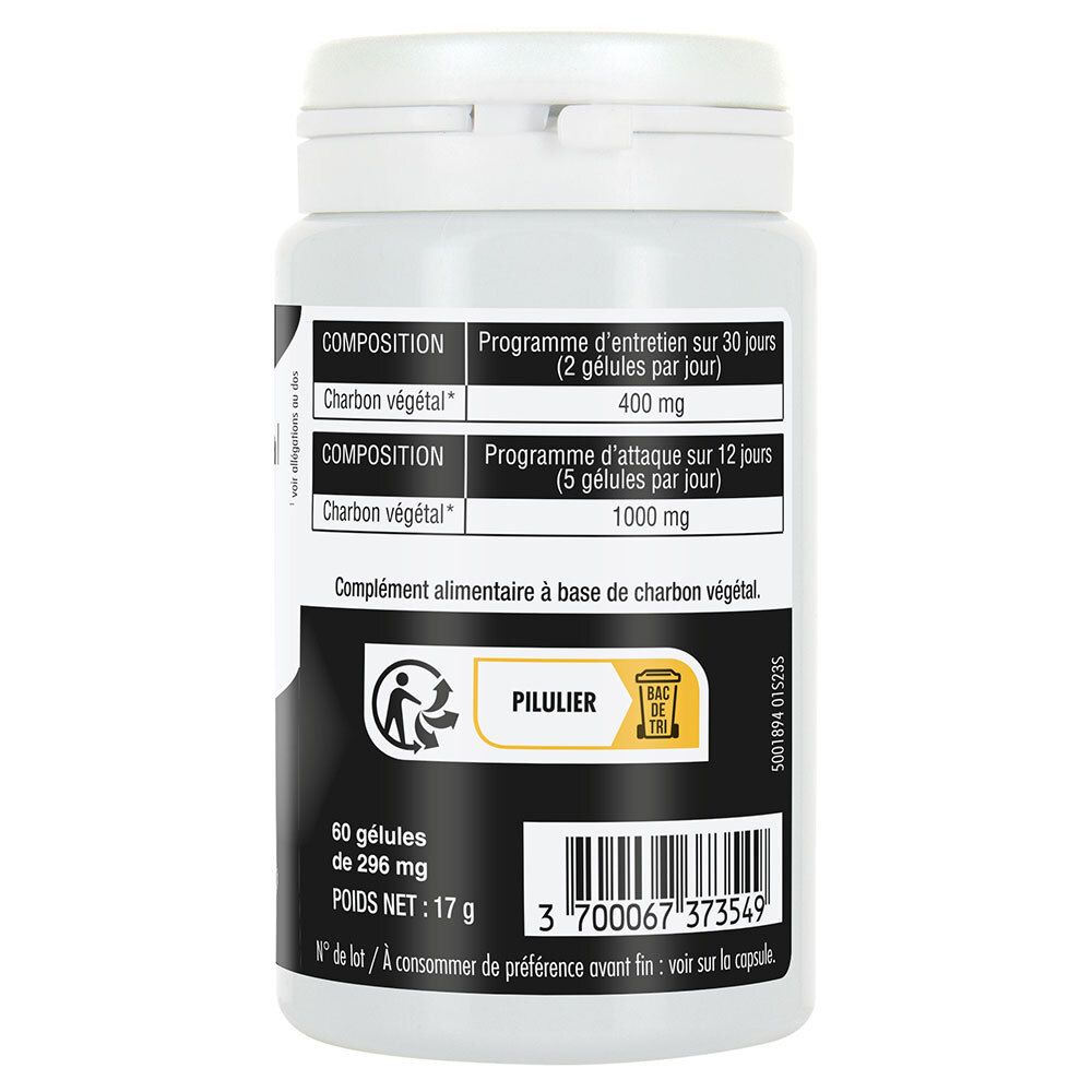 Rückseite der Pillendose. Text: Zusammensetzung, 60 Kapseln, 296 mg, Nettogewicht 17 g. Barcode und Recycling-Symbol.