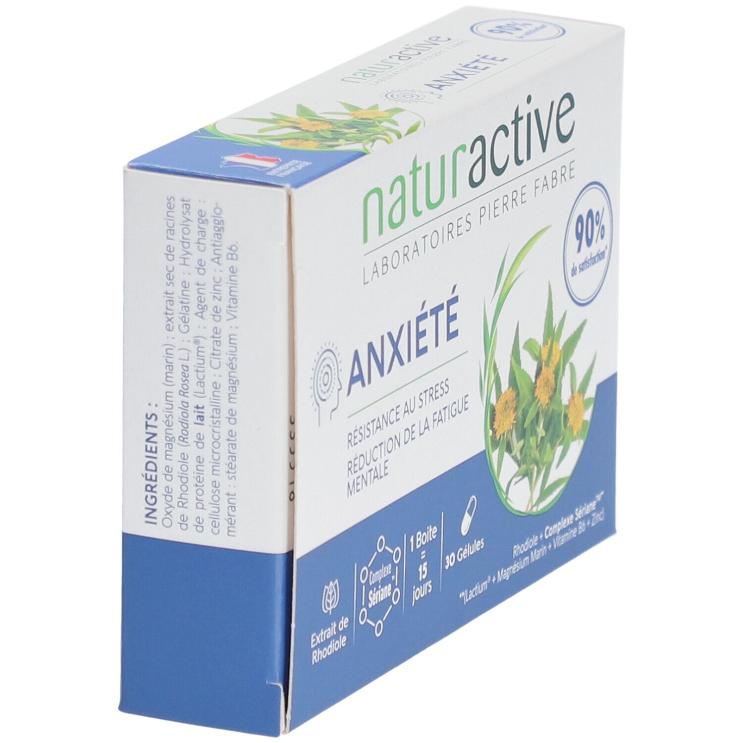 Schachtel "ANXIÉTÉ" von Naturactive. Blaue und weiße Verpackung. Enthält 30 Kapseln. Text in französischer Sprache.