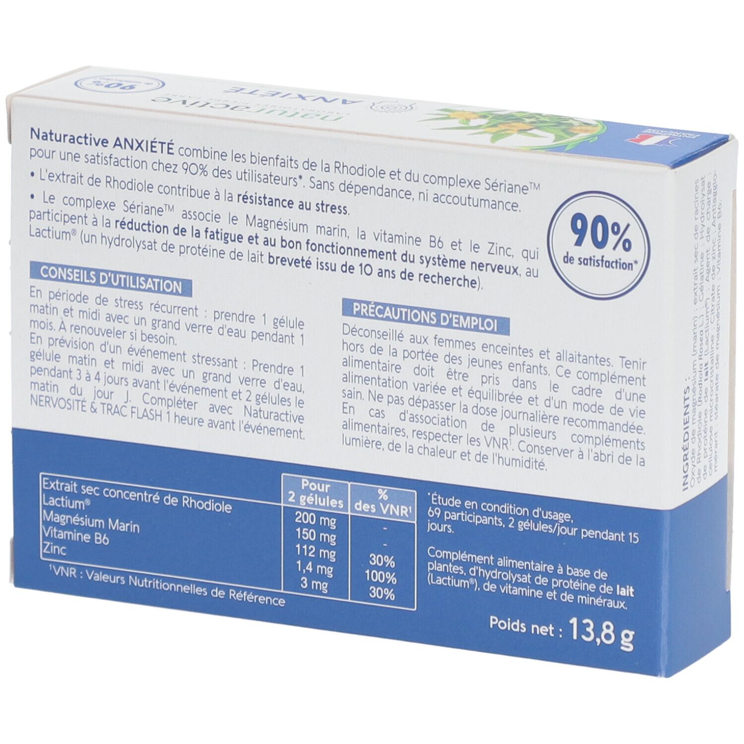 Rückseite der "ANXIÉTÉ"-Schachtel. Text in französischer Sprache. Enthält Informationen zu Inhaltsstoffen und Anwendung.