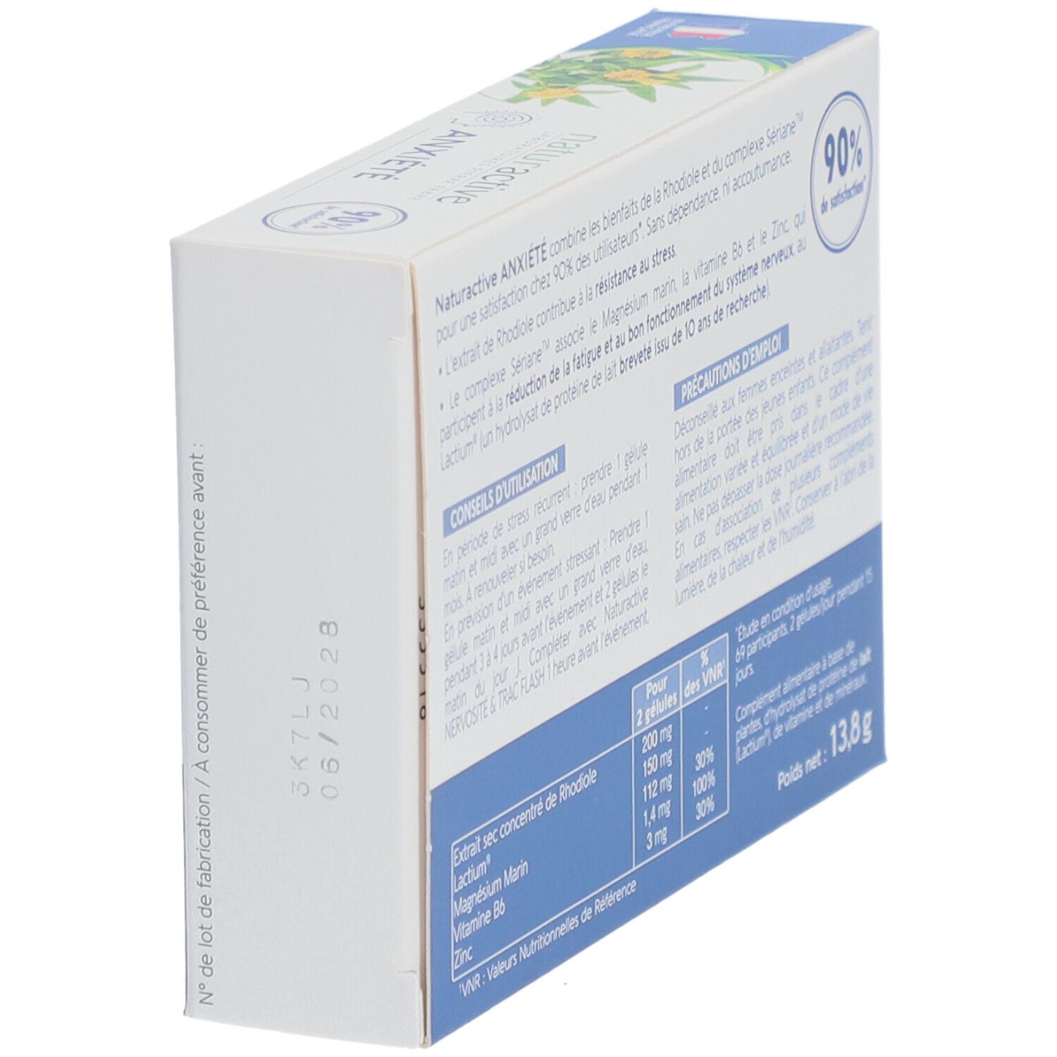 Seitenansicht der "ANXIÉTÉ"-Schachtel. Text in französischer Sprache. Informationen zur Anwendung und Inhaltsstoffen.