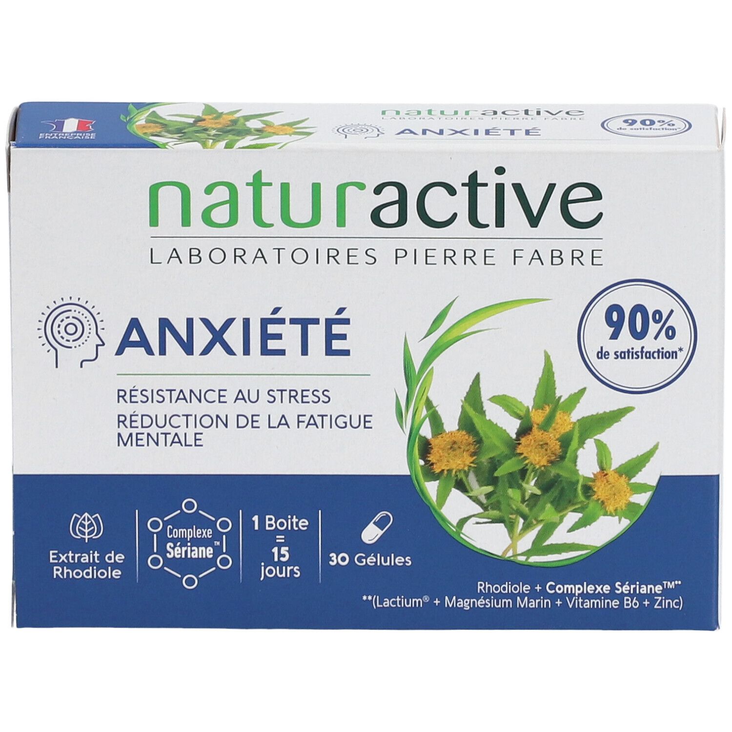 Vorderansicht der "ANXIÉTÉ"-Schachtel. Marke Naturactive. Enthält 30 Kapseln. Text in französischer Sprache.