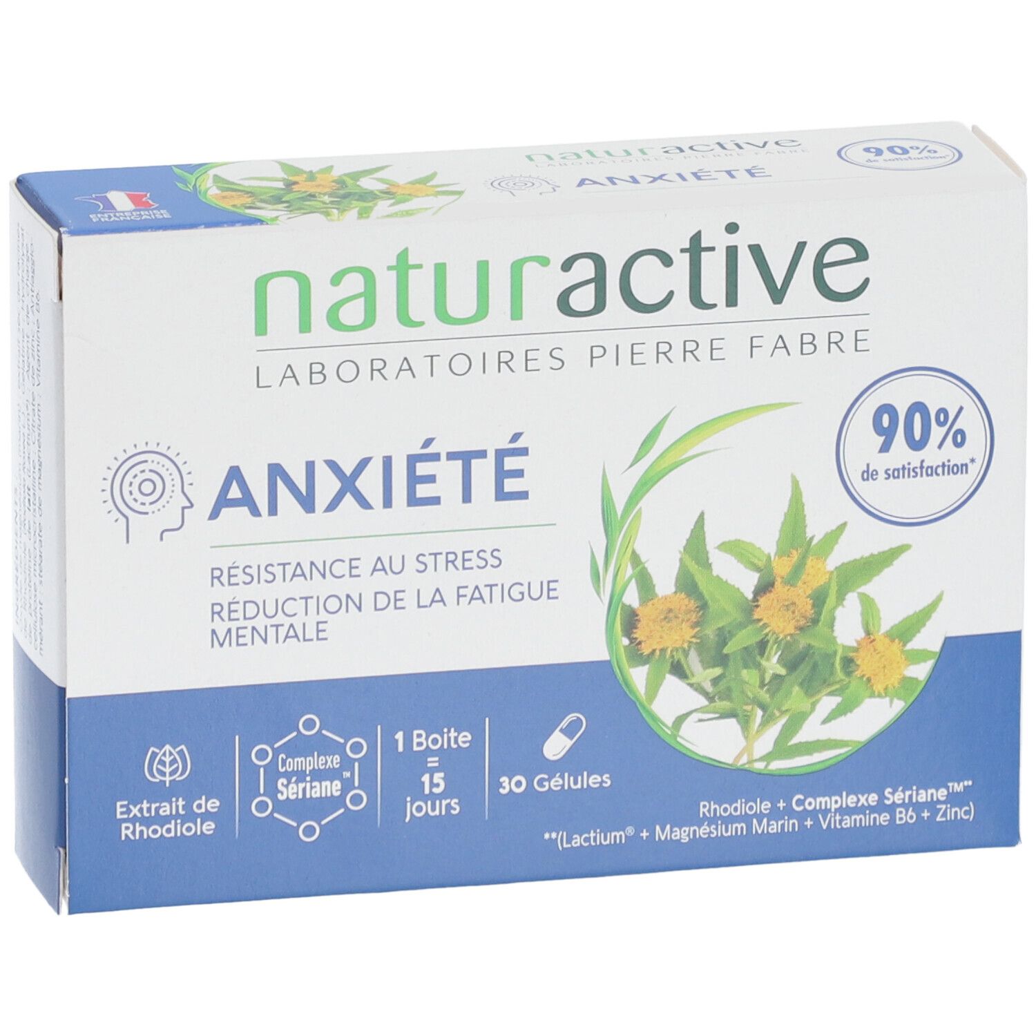 Vorderansicht der "ANXIÉTÉ"-Schachtel. Marke Naturactive. Enthält 30 Kapseln. Text in französischer Sprache.