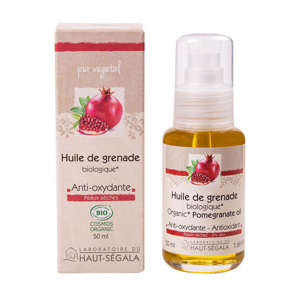 Flacon et emballage d'huile de grenade. Inscription : Huile de grenade biologique, Anti-oxydante, Peaux sèches. Label bio.