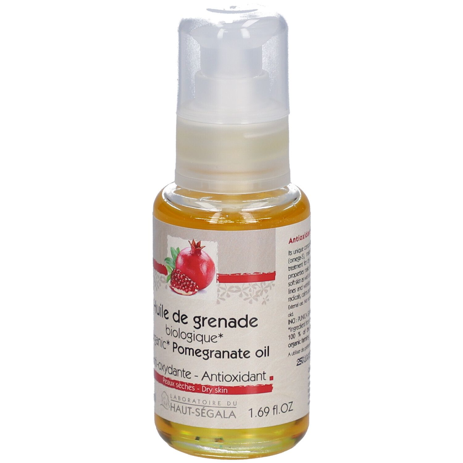 Flacon d'huile de grenade. Inscription : Huile de grenade biologique, Anti-oxydante, Peaux sèches. 1.69 fl.oz.