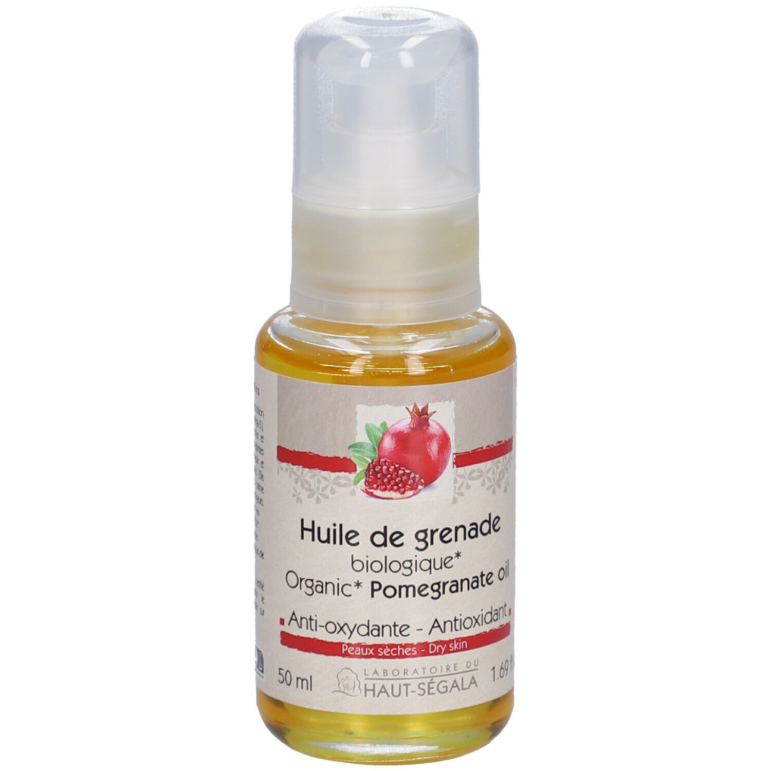 Flacon d'huile de grenade. Inscription : Huile de grenade biologique, Anti-oxydante, Peaux sèches. 1.69 fl.oz.