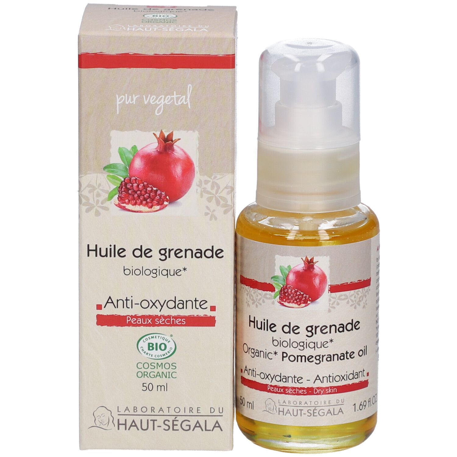 Flacon et emballage d'huile de grenade. Inscription : Huile de grenade biologique, Anti-oxydante, Peaux sèches. Label bio.