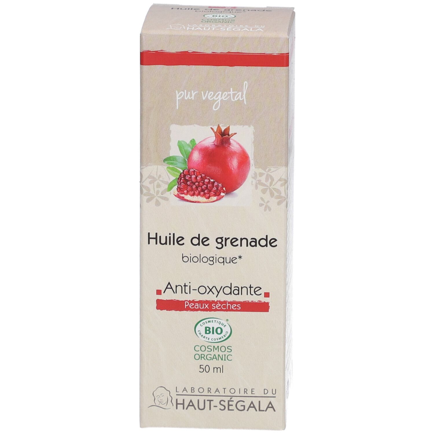 Emballage d'huile de grenade. Inscription : Huile de grenade biologique, Anti-oxydante, Peaux sèches. Label bio.