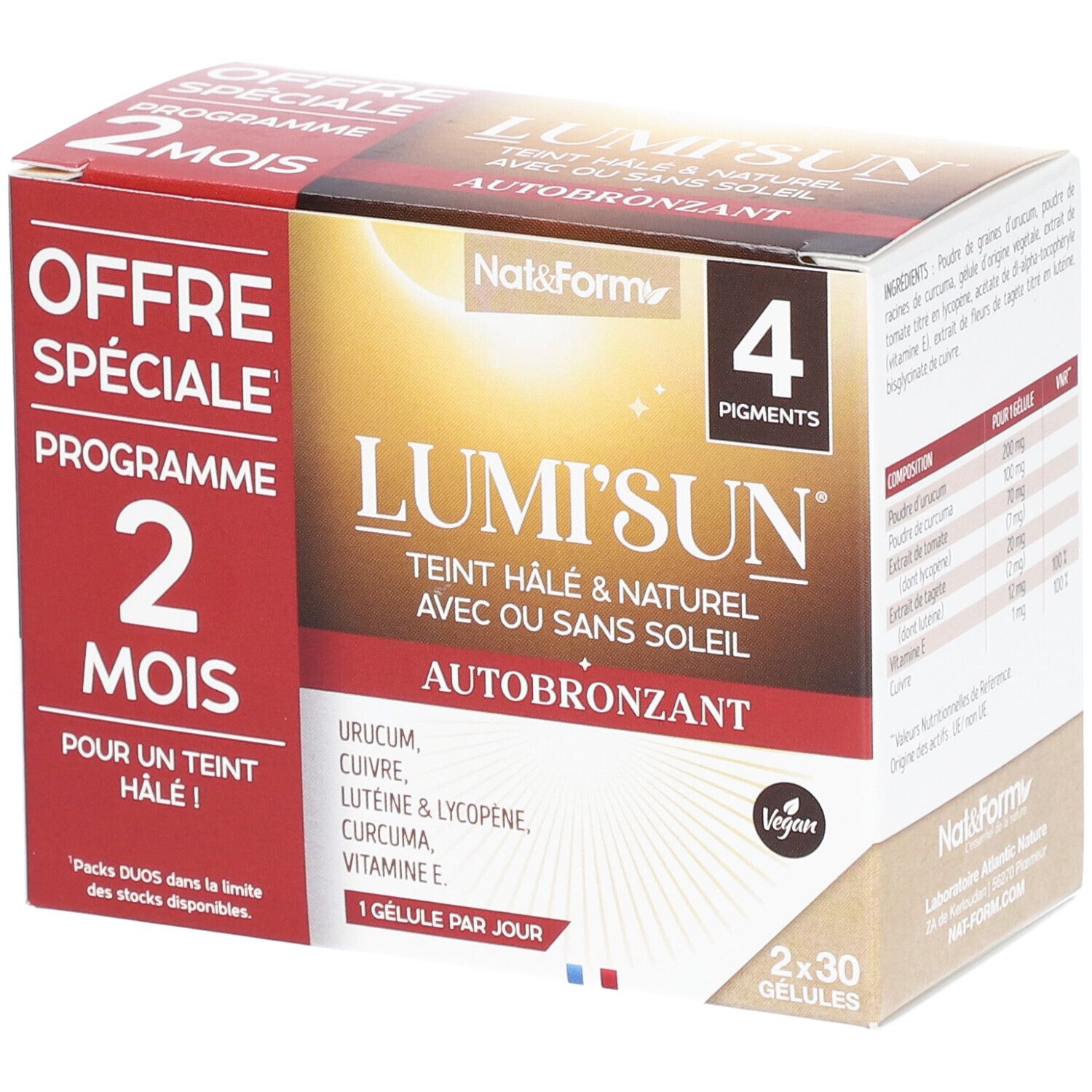 Verpackung von Nat&Form Lumi'Sun® Autobronzant. Enthält 2x30 Kapseln. Aufschrift: "Offre Spéciale Programme 2 mois".