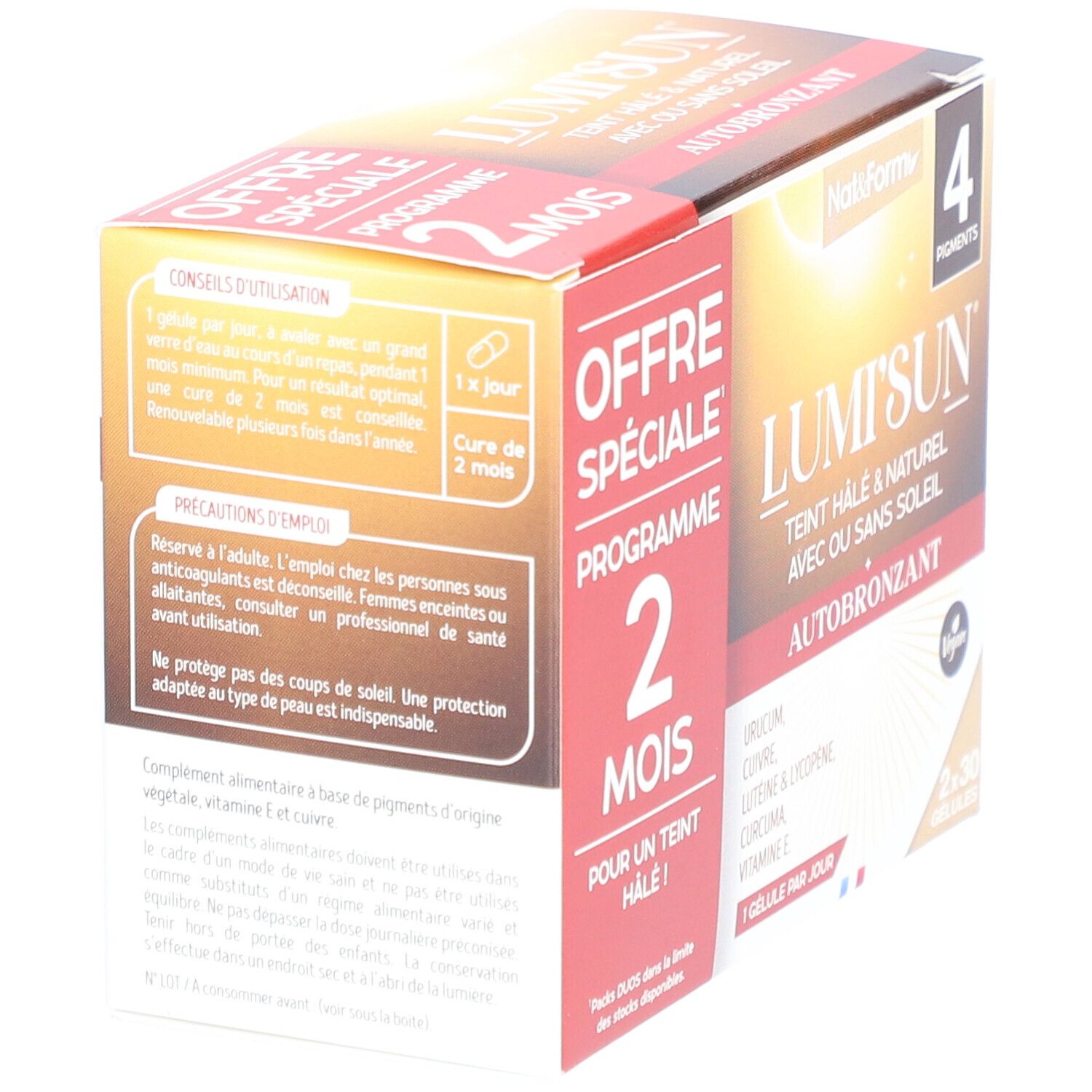 Verpackung von Nat&Form Lumi'Sun® Autobronzant. Enthält 2x30 Kapseln. Aufschrift: "Offre Spéciale Programme 2 mois".