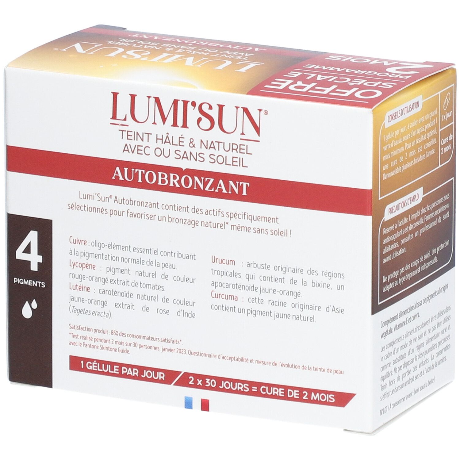 Verpackung von Nat&Form Lumi'Sun® Autobronzant. Enthält 2x30 Kapseln. Aufschrift: "Offre Spéciale Programme 2 mois".