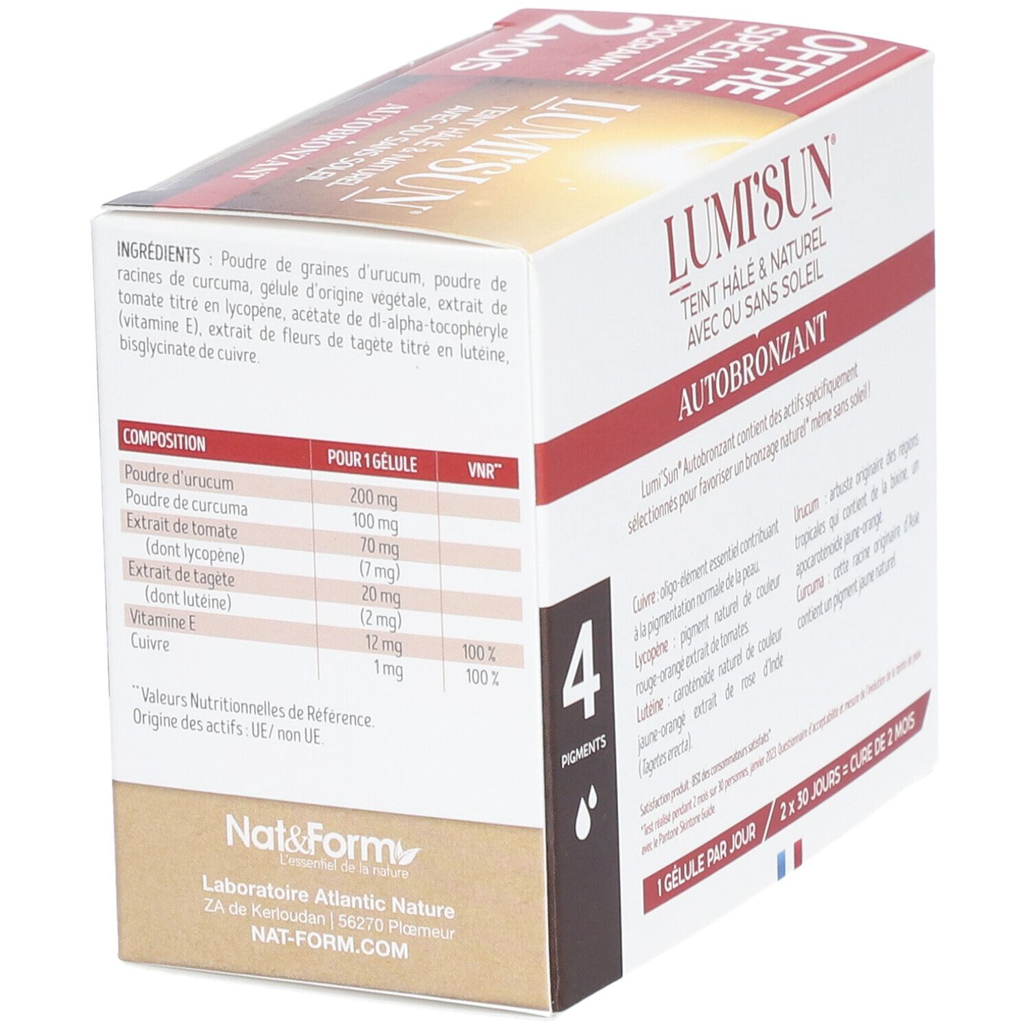 Verpackung von Nat&Form Lumi'Sun® Autobronzant. Enthält 2x30 Kapseln. Aufschrift: "Offre Spéciale Programme 2 mois".