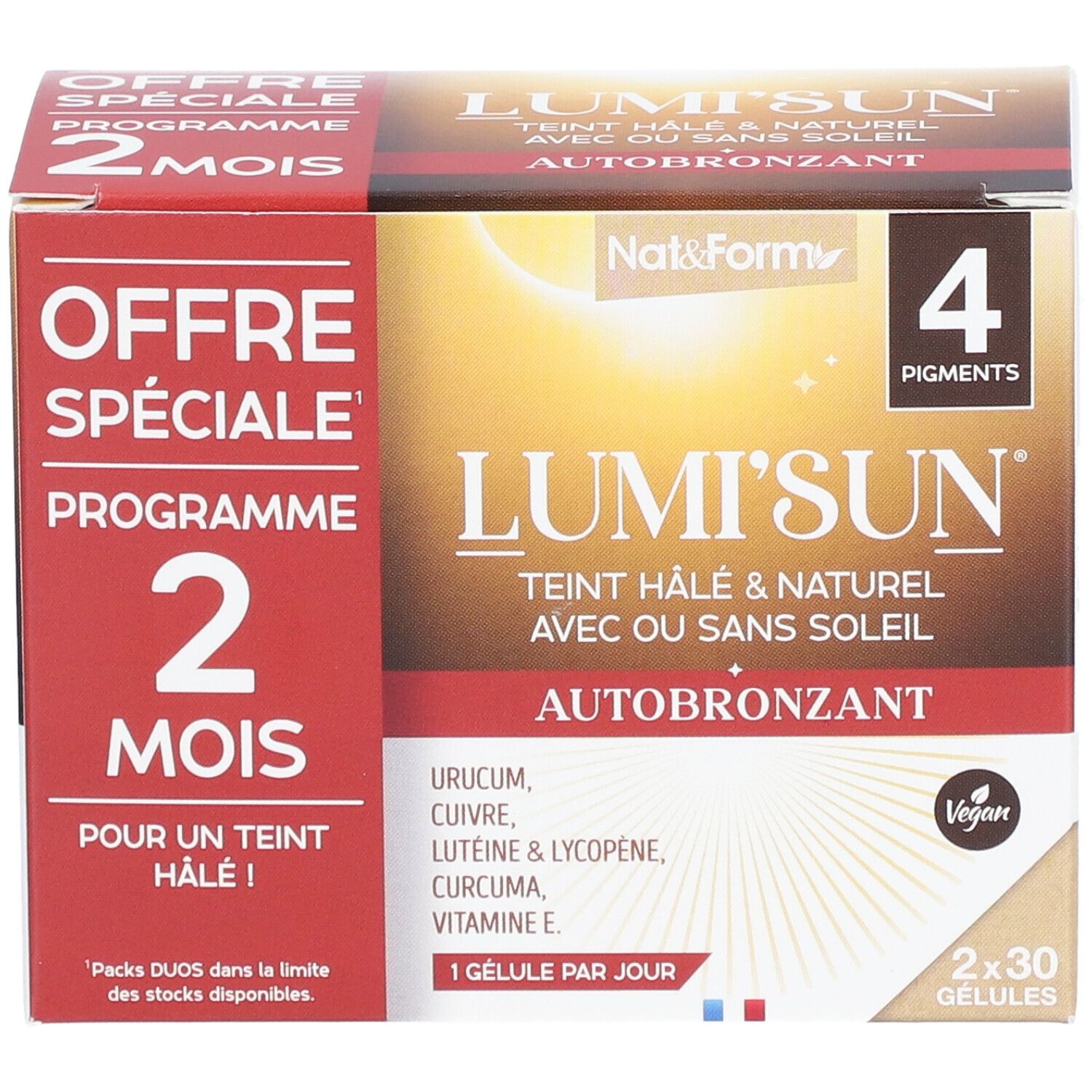 Verpackung von Nat&Form Lumi'Sun® Autobronzant. Enthält 2x30 Kapseln. Aufschrift: "Offre Spéciale Programme 2 mois".