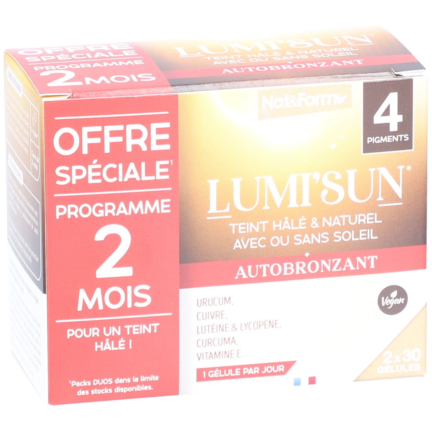 Verpackung von Nat&Form Lumi'Sun® Autobronzant. Enthält 2x30 Kapseln. Aufschrift: "Offre Spéciale Programme 2 mois".