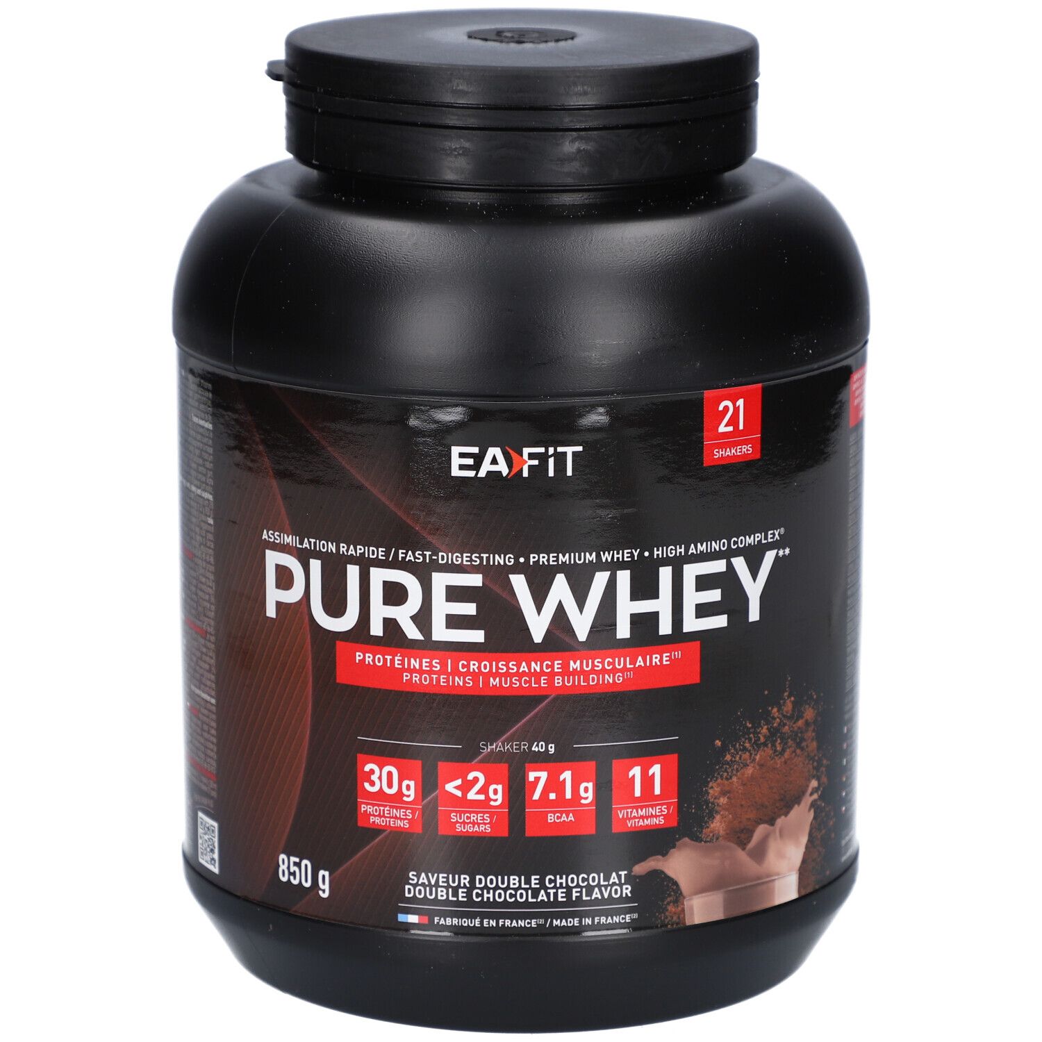 Schwarze Dose mit EAFIT-Logo und "PURE WHEY"-Schriftzug. Enthält Informationen zu Proteinen, Zucker, BCAA und Vitaminen. 850g.