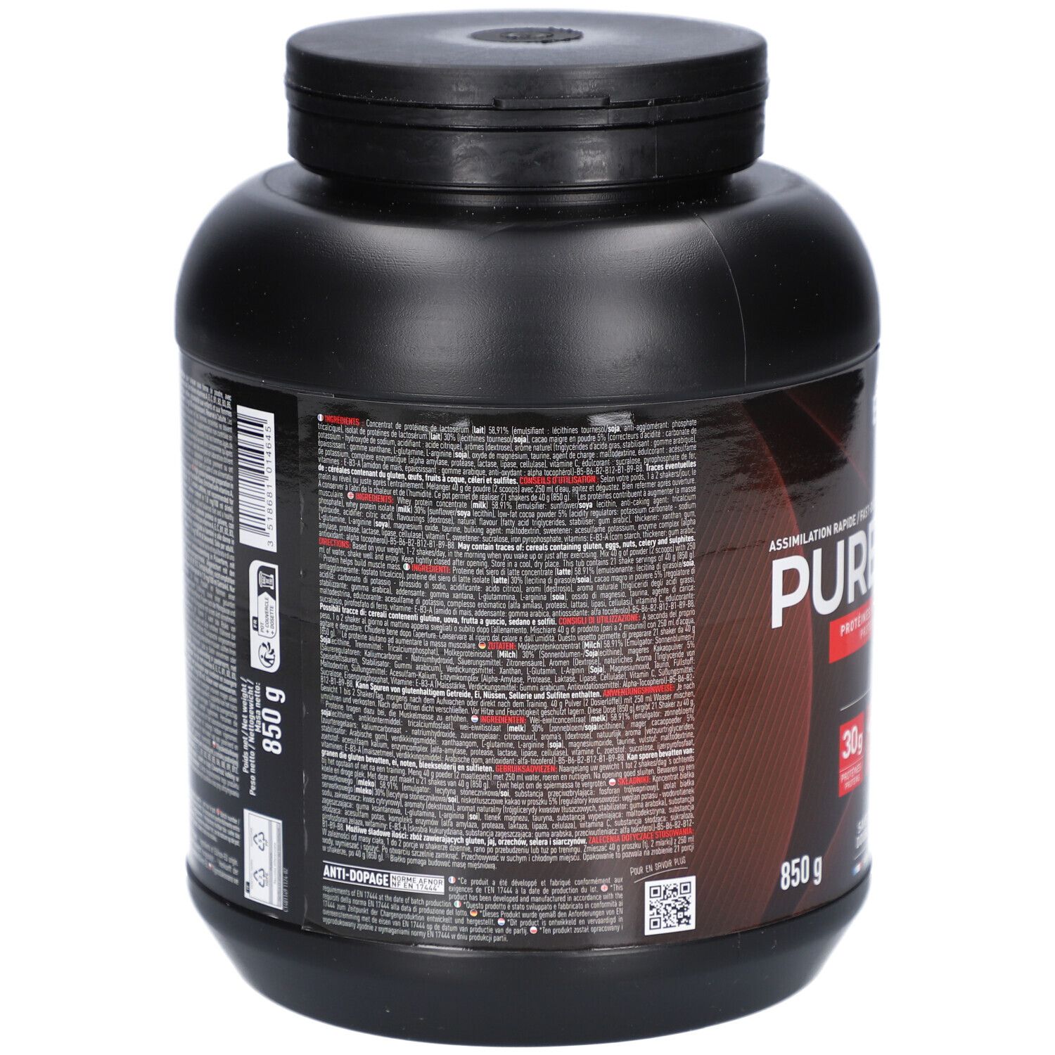 Rückseite einer schwarzen Dose mit Text. Enthält Nährwertangaben und Zutatenlisten. 850g. Anti-Doping-Logo.