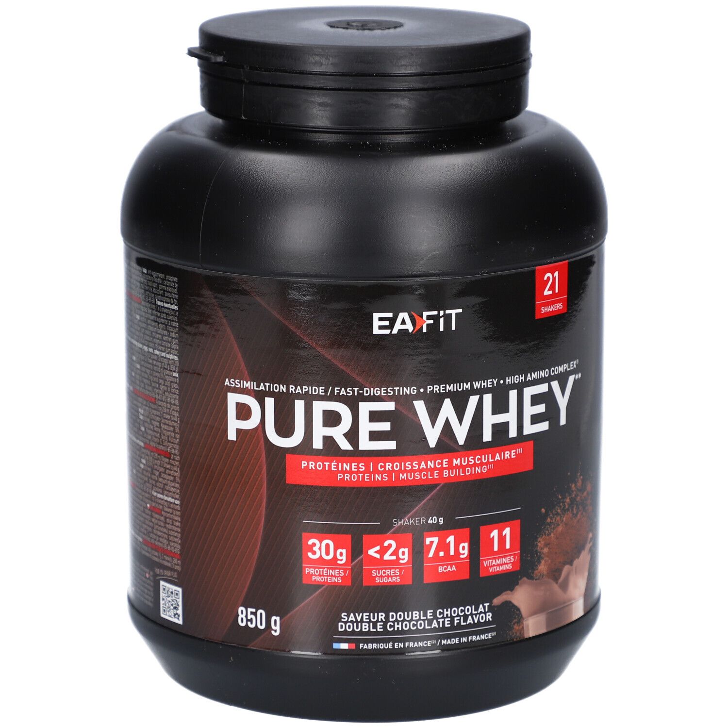 Schwarze Dose mit EAFIT-Logo und "PURE WHEY"-Schriftzug. Enthält Informationen zu Proteinen, Zucker, BCAA und Vitaminen. 850g.