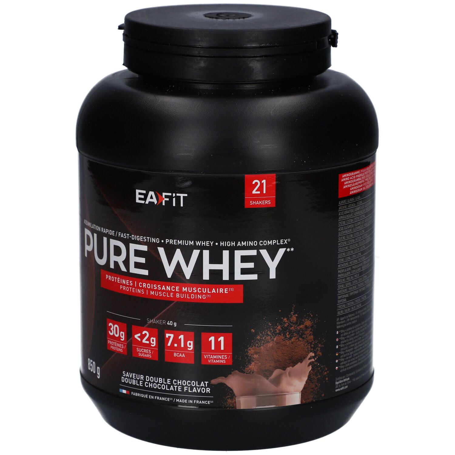 Schwarze Dose mit EAFIT-Logo und "PURE WHEY"-Schriftzug. Enthält Informationen zu Proteinen, Zucker, BCAA und Vitaminen. 850g.