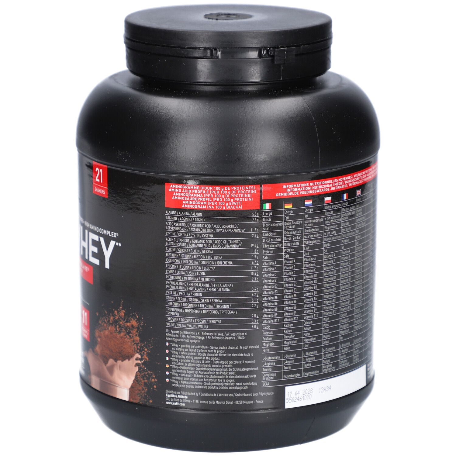 Rückseite einer schwarzen Dose mit Text. Enthält Nährwertangaben und Zutatenlisten. 850g.