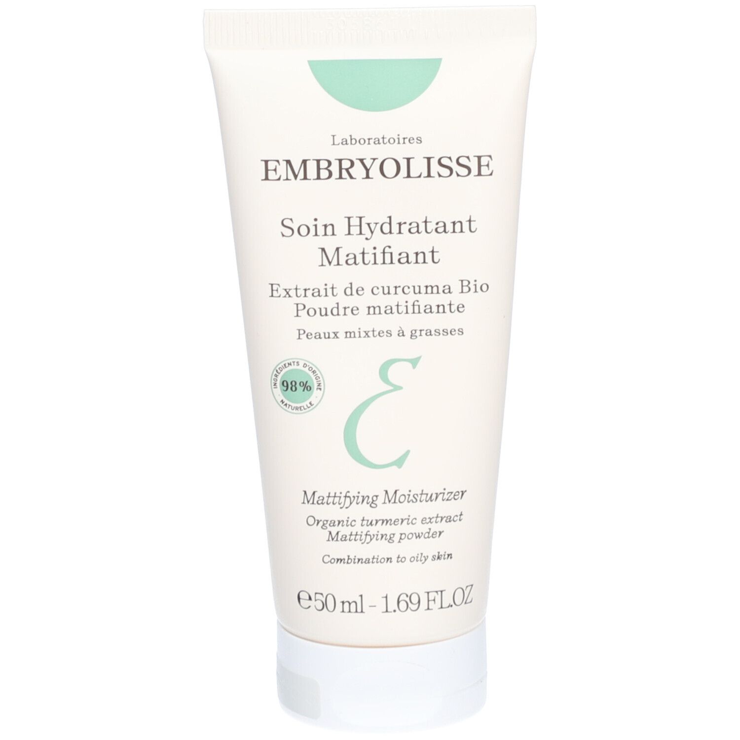 Creme-Tube, weiß, mit Schriftzug Embryolisse, Soin Hydratant Matifiant. Enthält Kurkuma-Extrakt. Für Mischhaut.