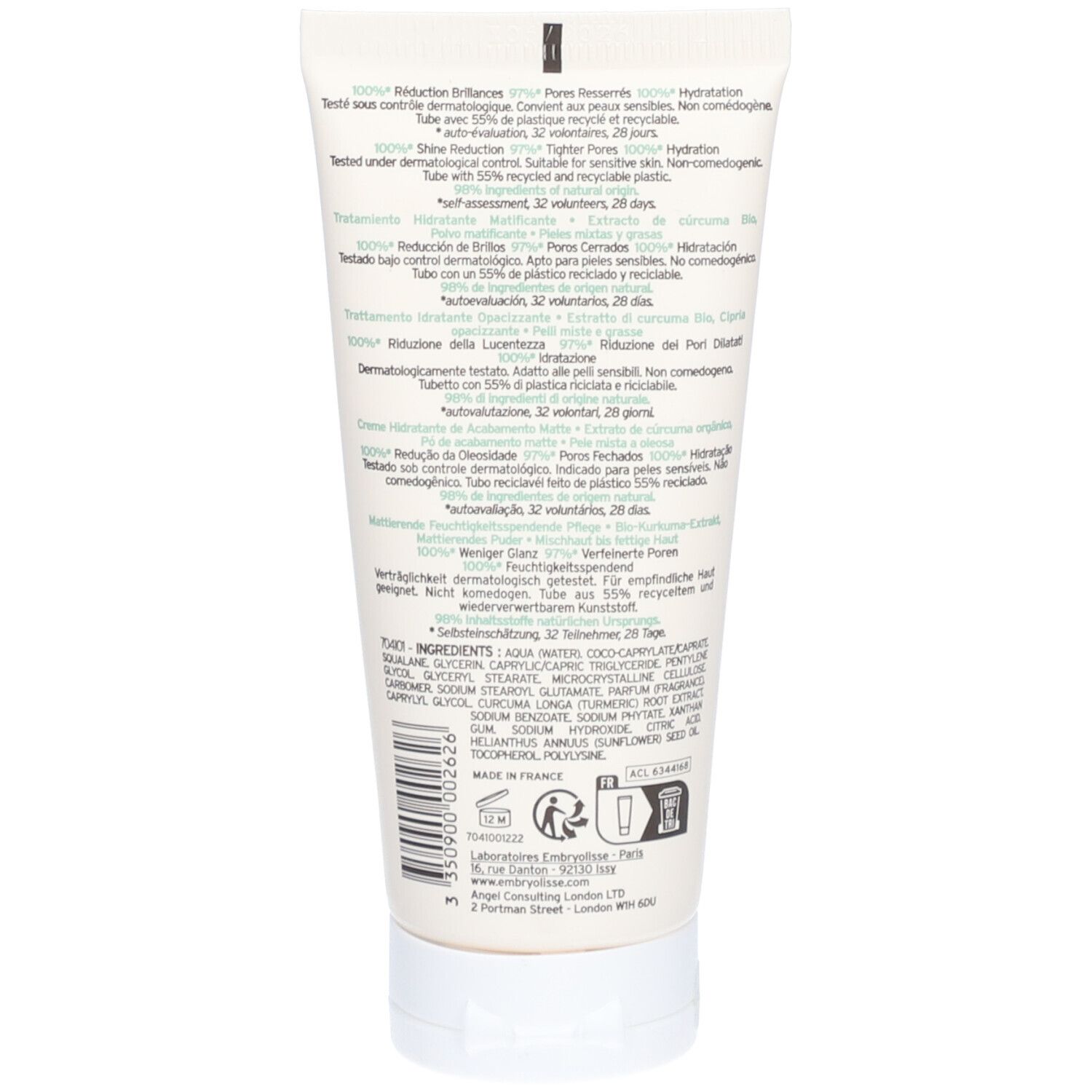 Rückseite des weißen Creme-Tubes. Text mit Produktinformationen und Inhaltsstoffen. Recycelbare Verpackung.