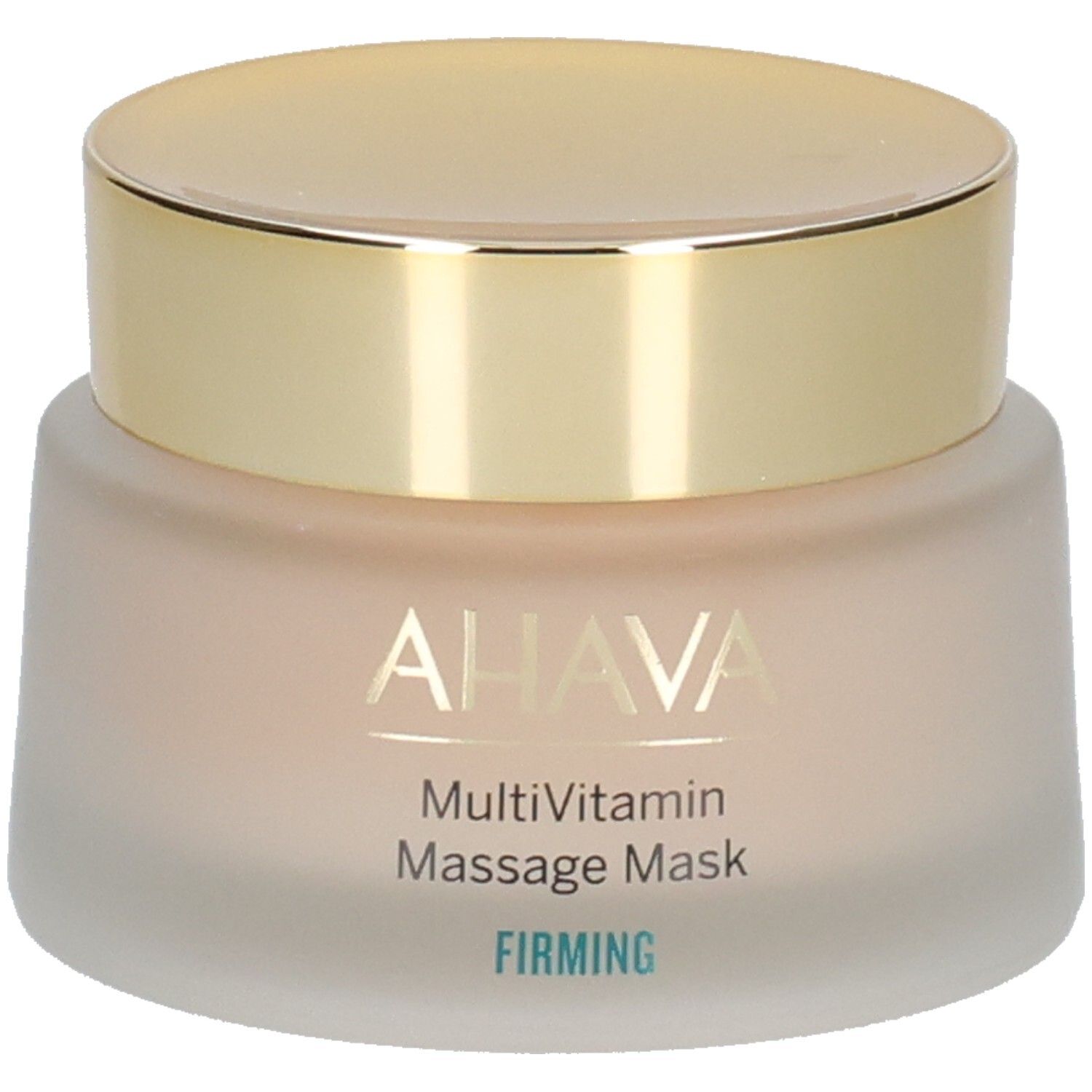 Behälter mit goldfarbenem Deckel. Aufschrift AHAVA, MultiVitamin Massage Mask, FIRMING. Cremefarbener Inhalt.