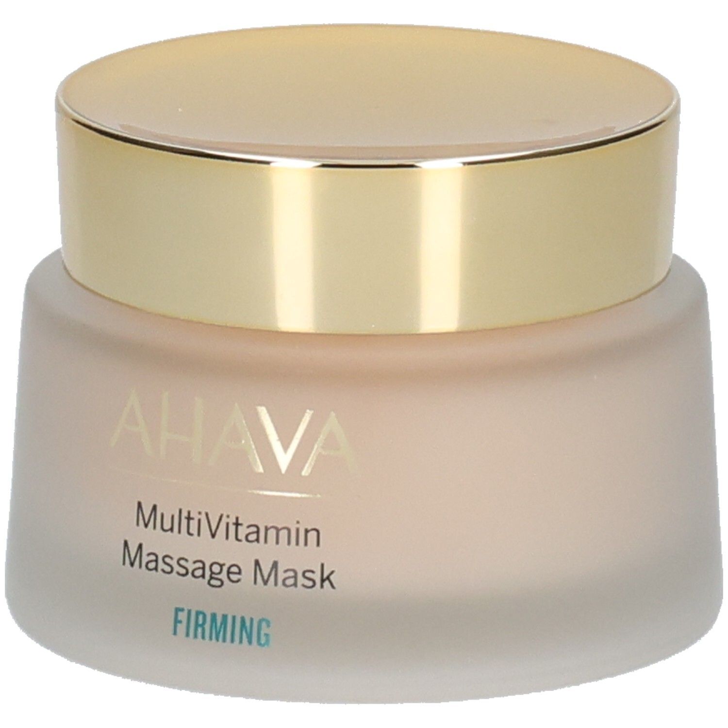 Behälter mit goldfarbenem Deckel. Aufschrift AHAVA, MultiVitamin Massage Mask, FIRMING. Cremefarbener Inhalt.
