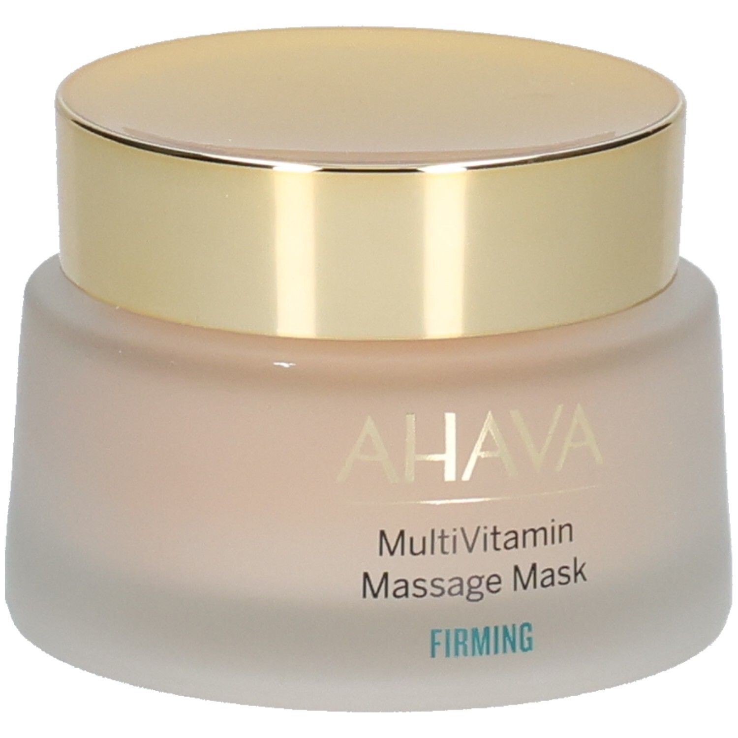 Behälter mit goldfarbenem Deckel. Aufschrift AHAVA, MultiVitamin Massage Mask, FIRMING. Cremefarbener Inhalt.
