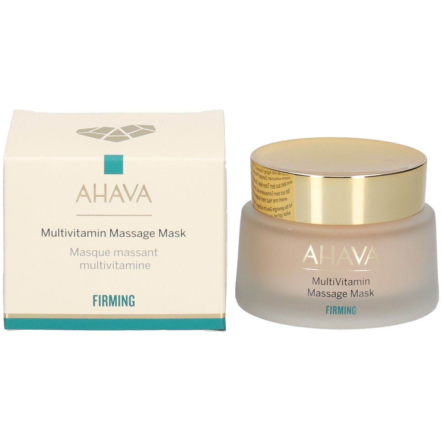 Produkt und Verpackung. Aufschrift AHAVA, MultiVitamin Massage Mask, FIRMING. Weiße Schachtel, goldener Deckel.