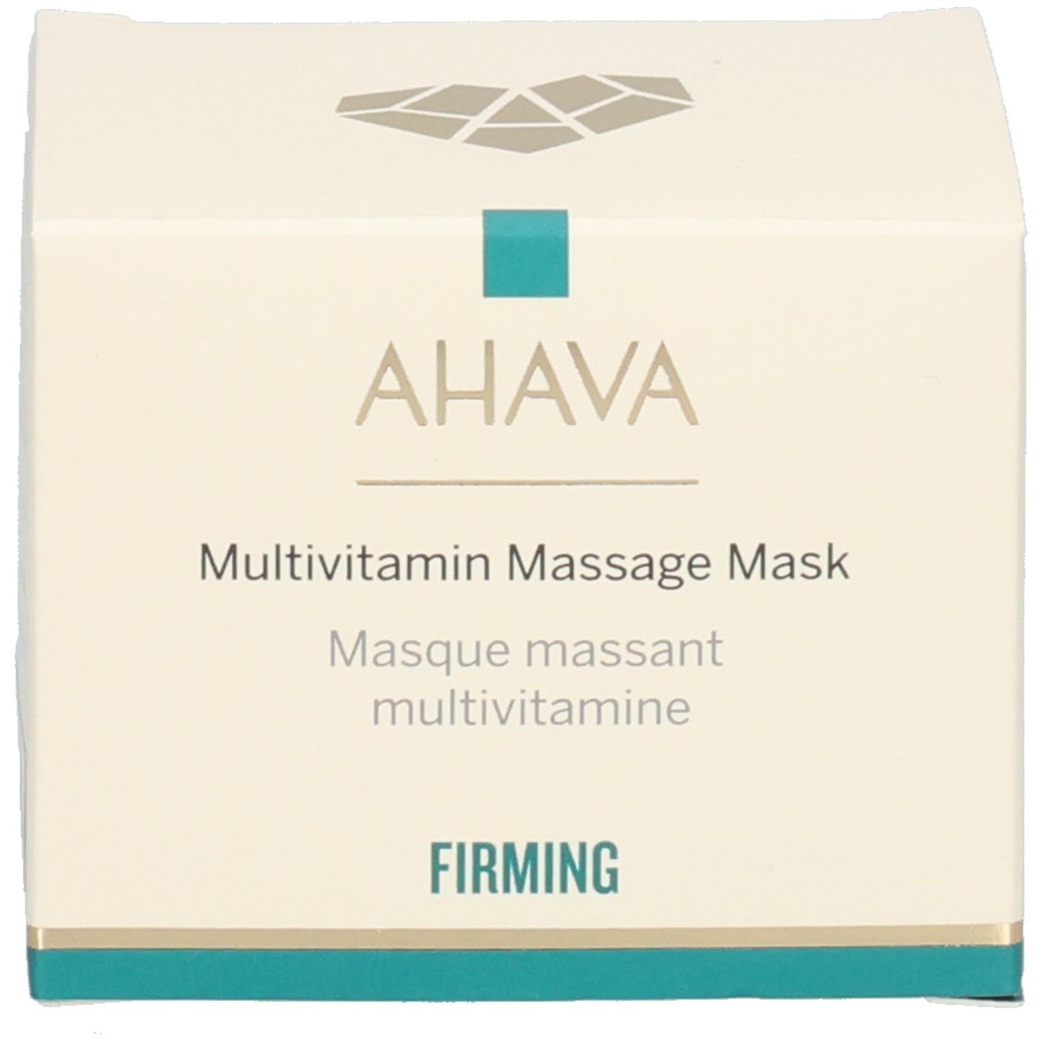 Weiße Schachtel. Aufschrift AHAVA, MultiVitamin Massage Mask, FIRMING. Türkisfarbener Streifen.