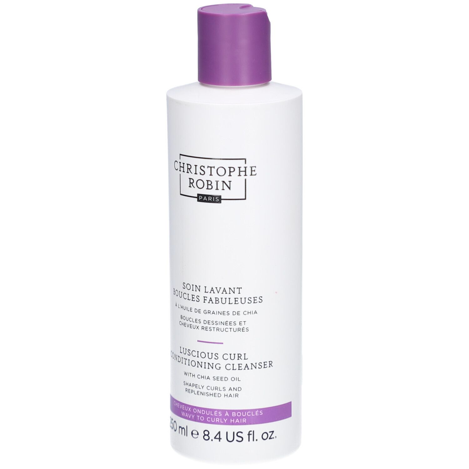 Flacon blanc avec bouchon violet. Texte: Christophe Robin, Soin Lavant Boucles Fabuleuses, Luscious Curl Conditioning Cleanser.