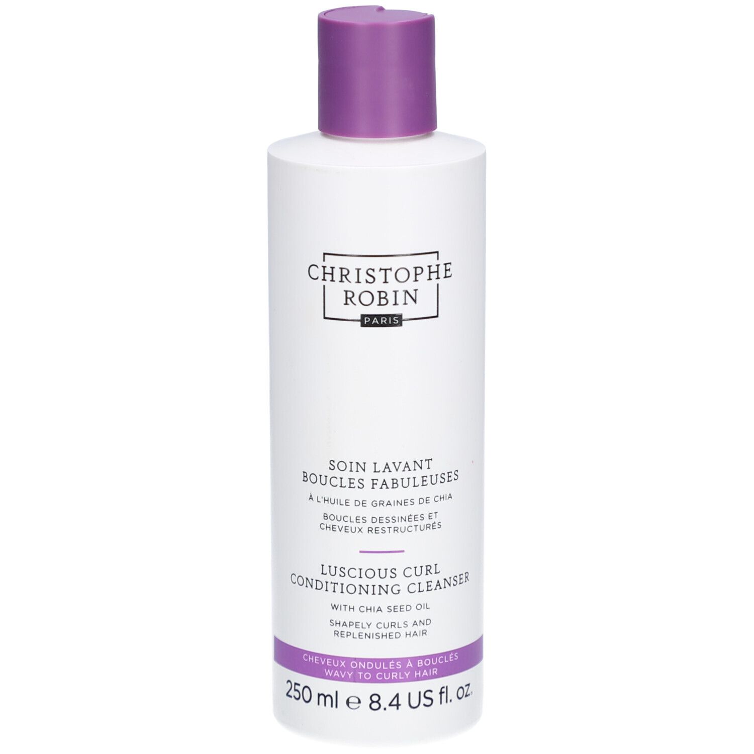Flacon blanc avec bouchon violet. Texte: Christophe Robin, Soin Lavant Boucles Fabuleuses, Luscious Curl Conditioning Cleanser.