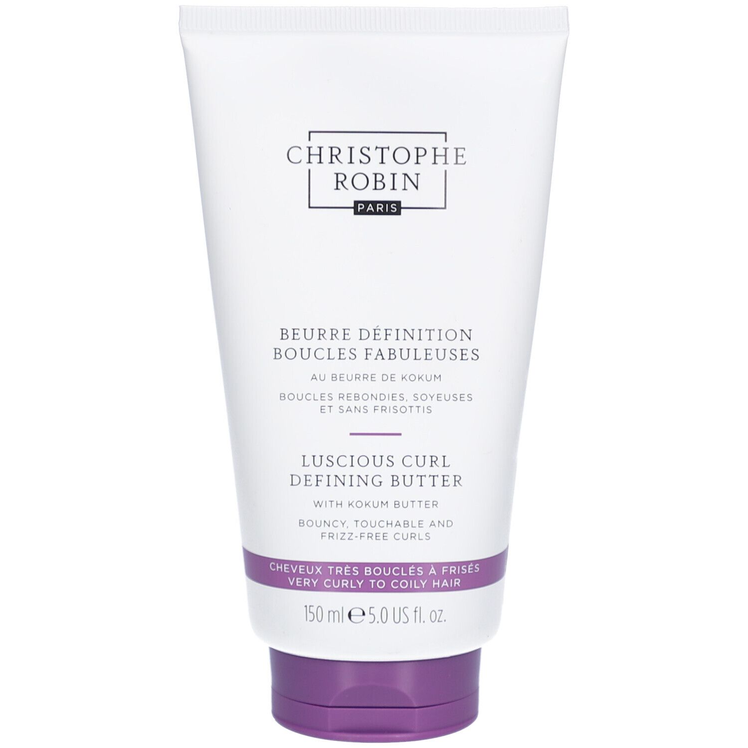 Tube blanc et violet. Texte: Christophe Robin, Beurre Definition Boucles Fabuleuses, Luscious Curl Defining Butter. Pour cheveux très bouclés.