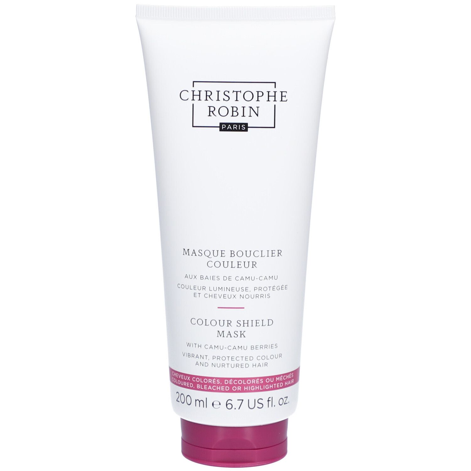 Weiße Tube mit Produktnamen und Logo. Text: Masque Bouclier Couleur, Colour Shield Mask. Rosa Verschluss.