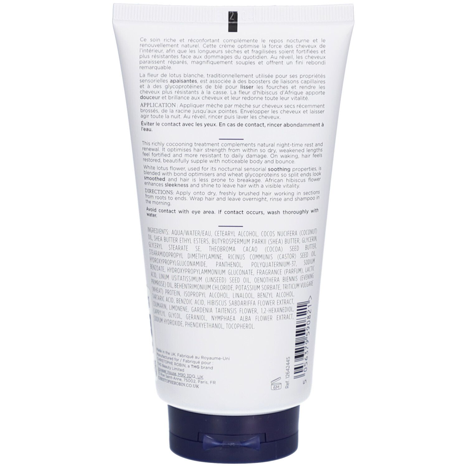 Rückseite der Tube. Text in mehreren Sprachen. Inhaltsstoffe und Anwendungshinweise. Weißer Hintergrund, blauer Deckel.