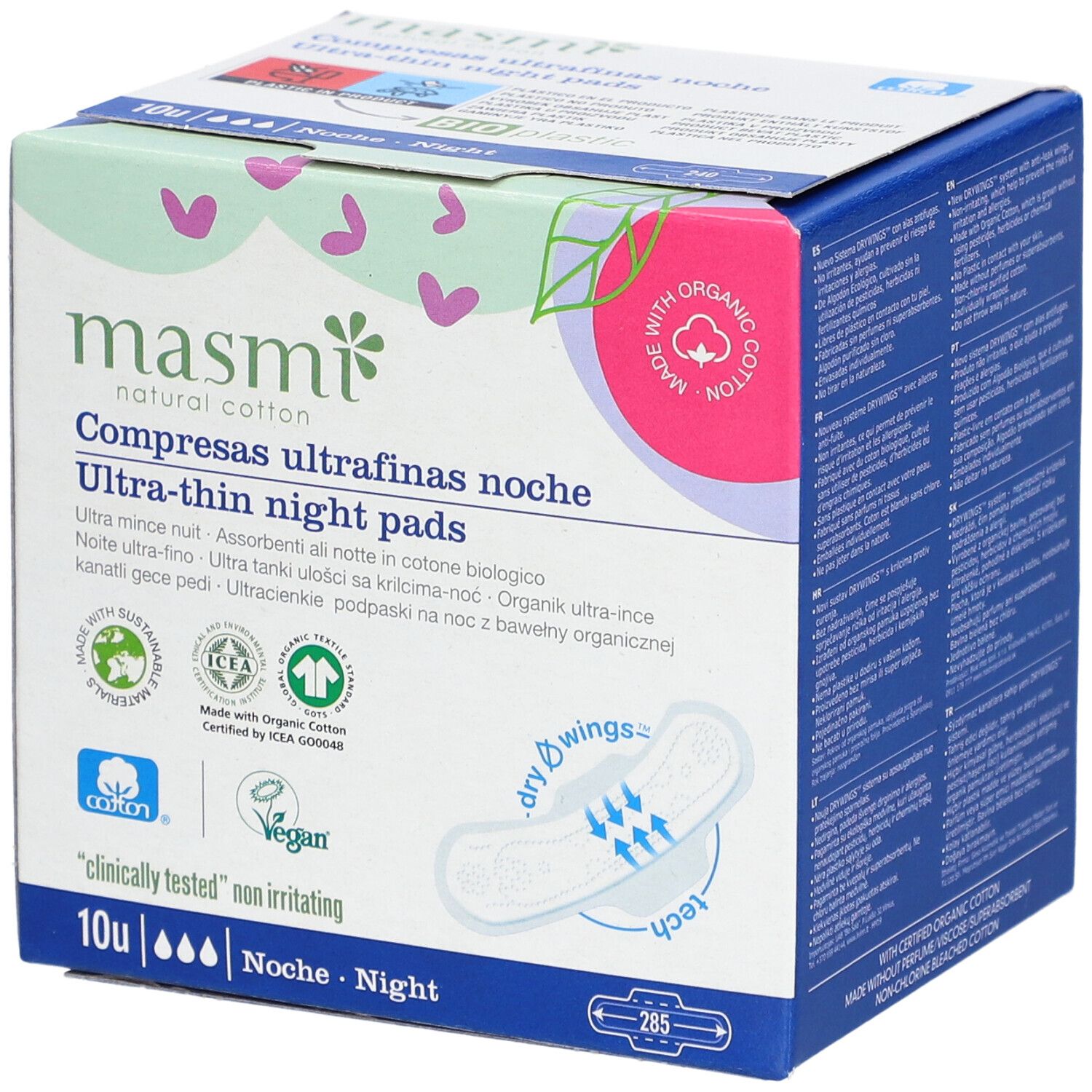 Verpackung mit ultra-dünnen Nachtbinden aus Bio-Baumwolle. Mit Zertifizierungen und dem Logo von masmi.