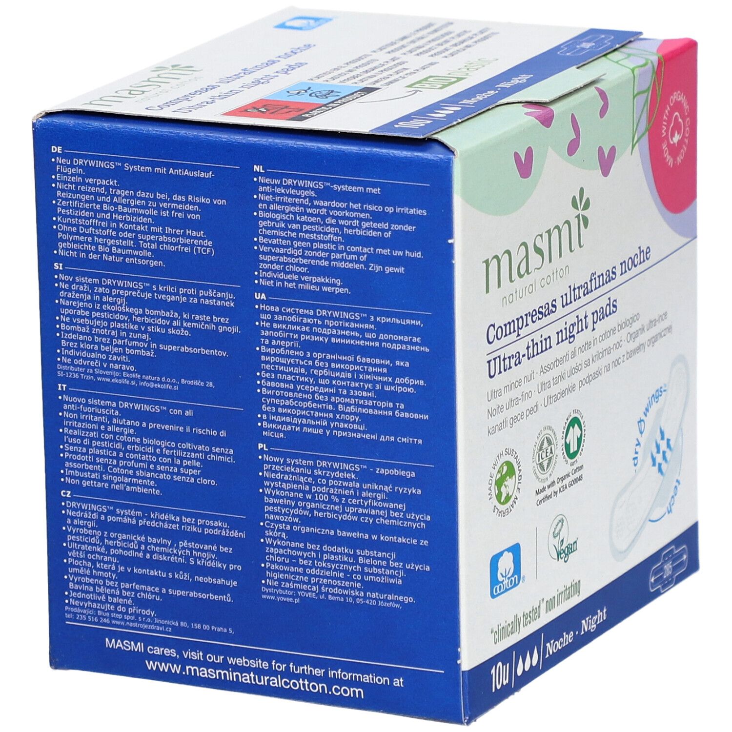 Verpackung mit ultra-dünnen Nachtbinden. Rückseite mit Produktinformationen in mehreren Sprachen.