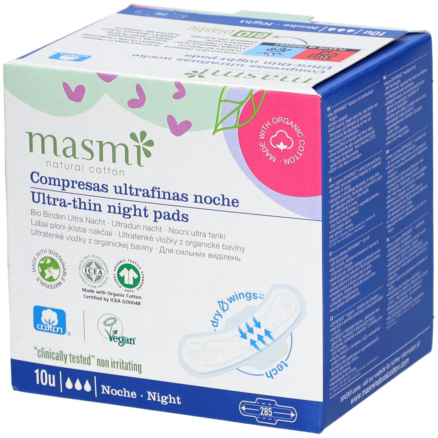 Verpackung mit ultra-dünnen Nachtbinden aus Bio-Baumwolle. Mit Zertifizierungen und dem Logo von masmi.