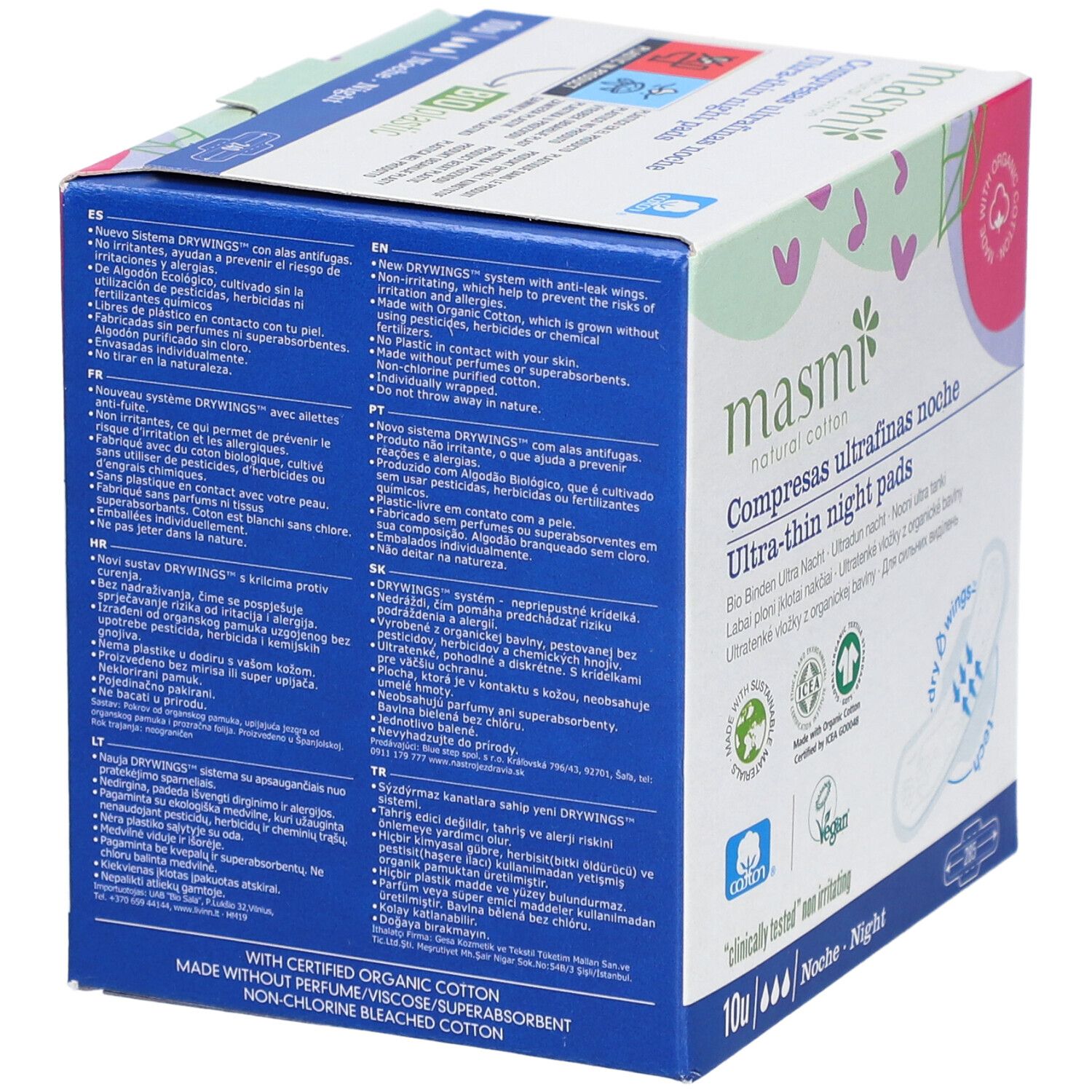 Verpackung mit ultra-dünnen Nachtbinden. Rückseite mit Produktinformationen in mehreren Sprachen.