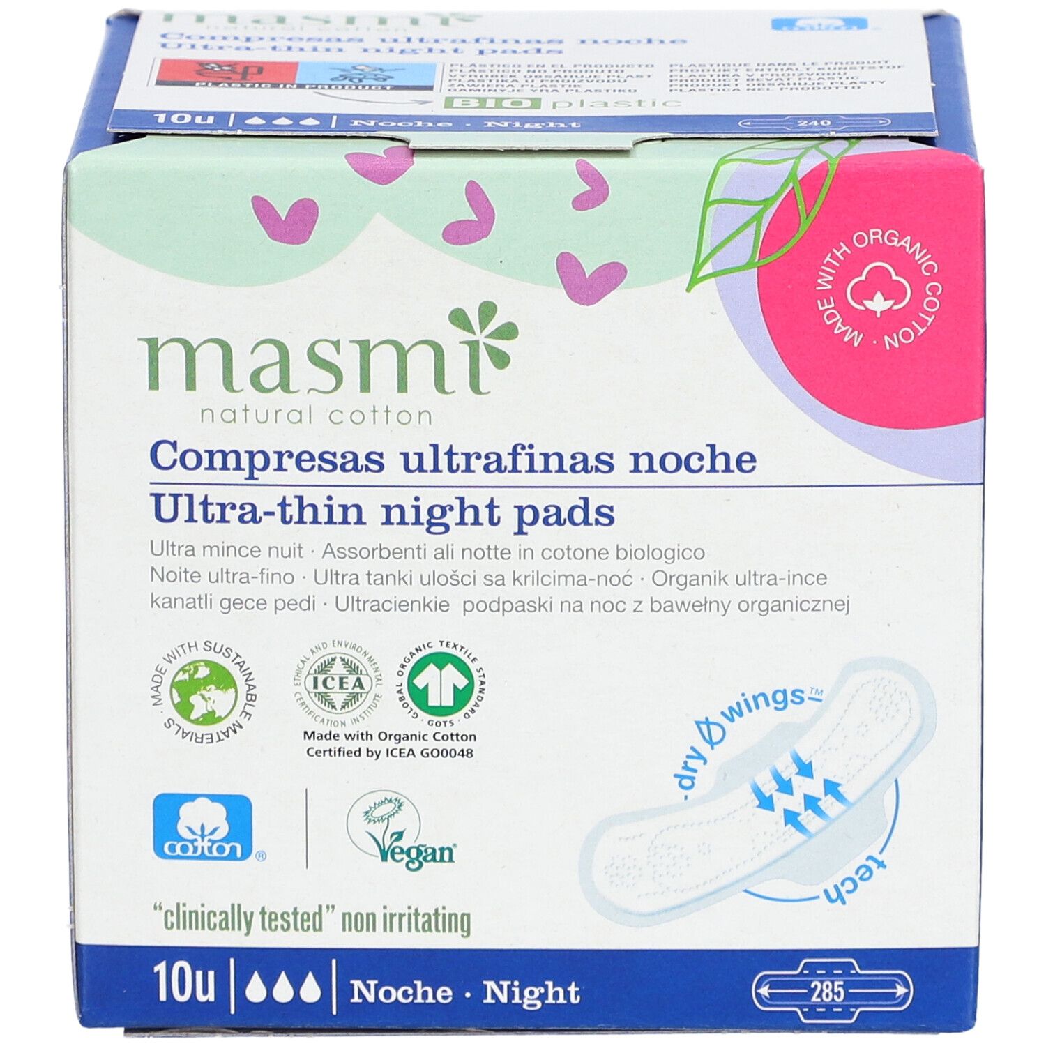 Verpackung mit ultra-dünnen Nachtbinden aus Bio-Baumwolle. Mit Zertifizierungen und dem Logo von masmi.