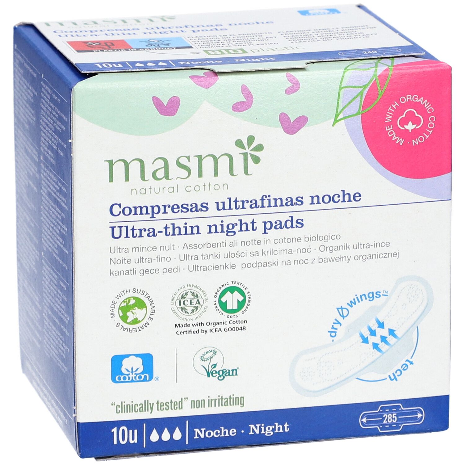 Verpackung mit ultra-dünnen Nachtbinden aus Bio-Baumwolle. Mit Zertifizierungen und dem Logo von masmi.