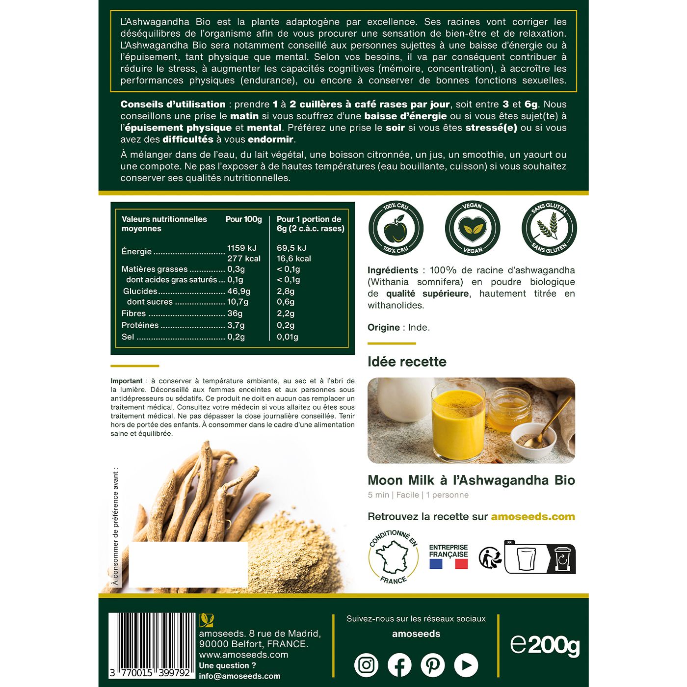 Dos du sachet avec informations nutritionnelles, ingrédients, origine. Suggestion de recette. Logo et coordonnées.