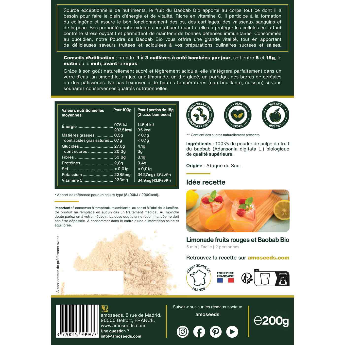 Rückseite der Verpackung von amoseeds Poudre de Baobab Bio. Text, Nährwertangaben, Rezeptvorschlag, Bio-Siegel, Herkunft.
