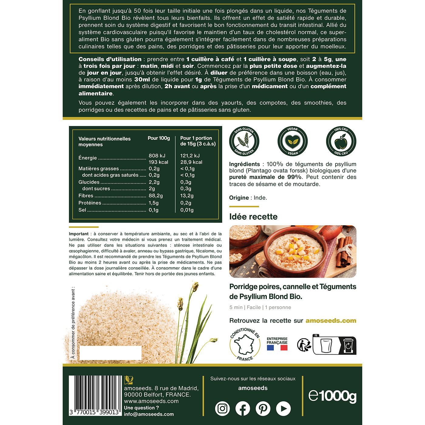 Rückseite der Packung. Text: Nährwertangaben, Zutaten, Herkunft Indien. Rezeptvorschlag: Porridge mit Birnen, Zimt.