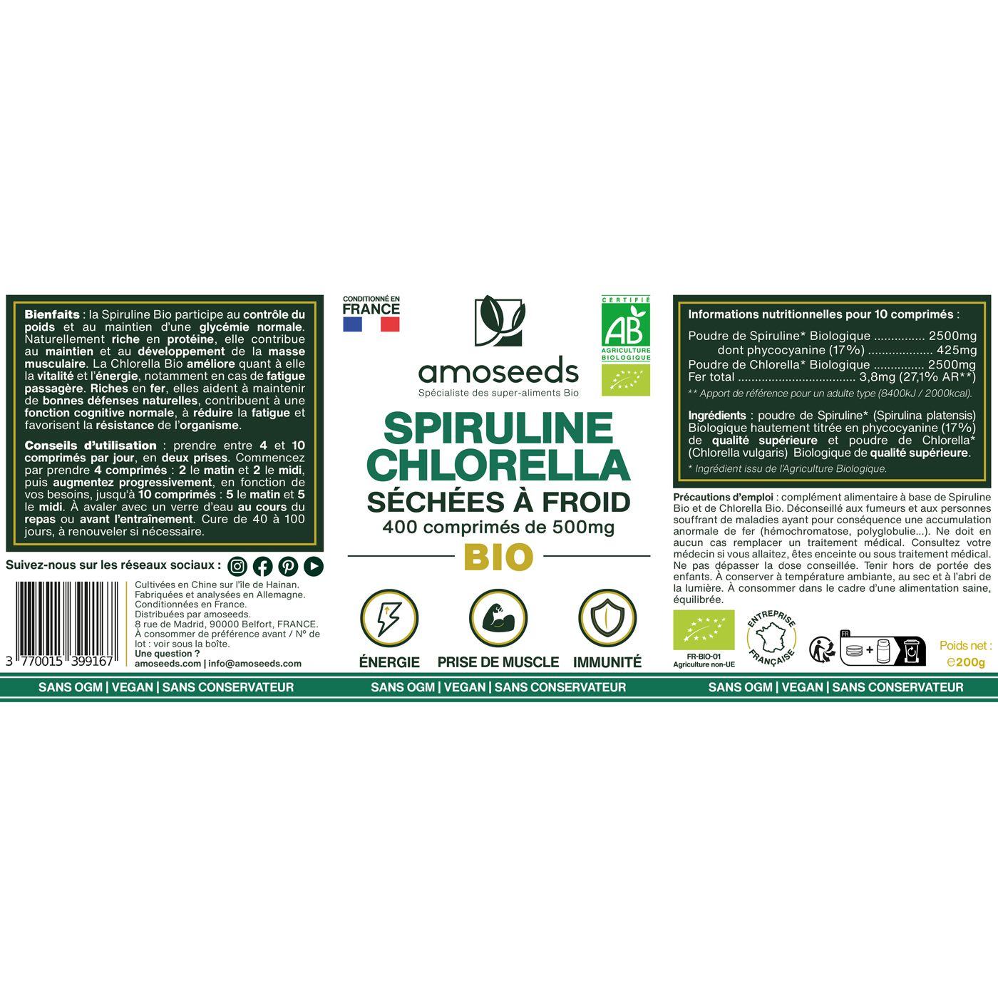 amoseeds MIX SPIRULINE ET CHLORELLA BIO, 17% PHYCOCYANINE