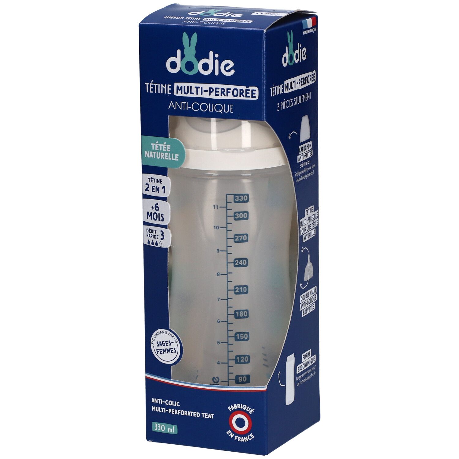 Dodie Babyflasche Sauger Multi-Perforiert Anti-Colic Blau +6M 330 ML