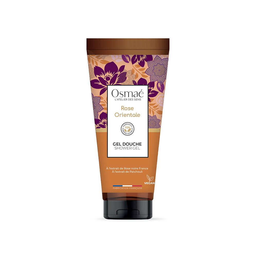 Tube de gel douche Rose Orientale, bouchon marron, motifs floraux. Texte: Osmaé, Rose Orientale, Gel Douche, Vegan.