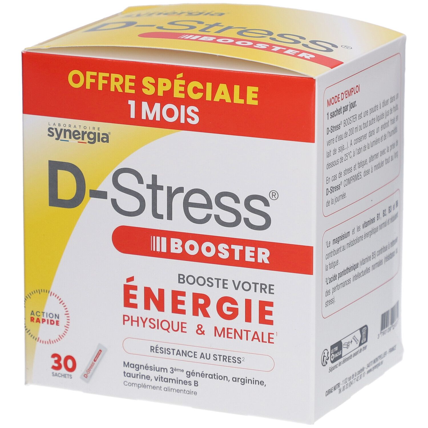 Boîte de "D-Stress Booster" avec 30 sachets. Inscription : "Energie physique & mentale". Offre spéciale 1 mois.